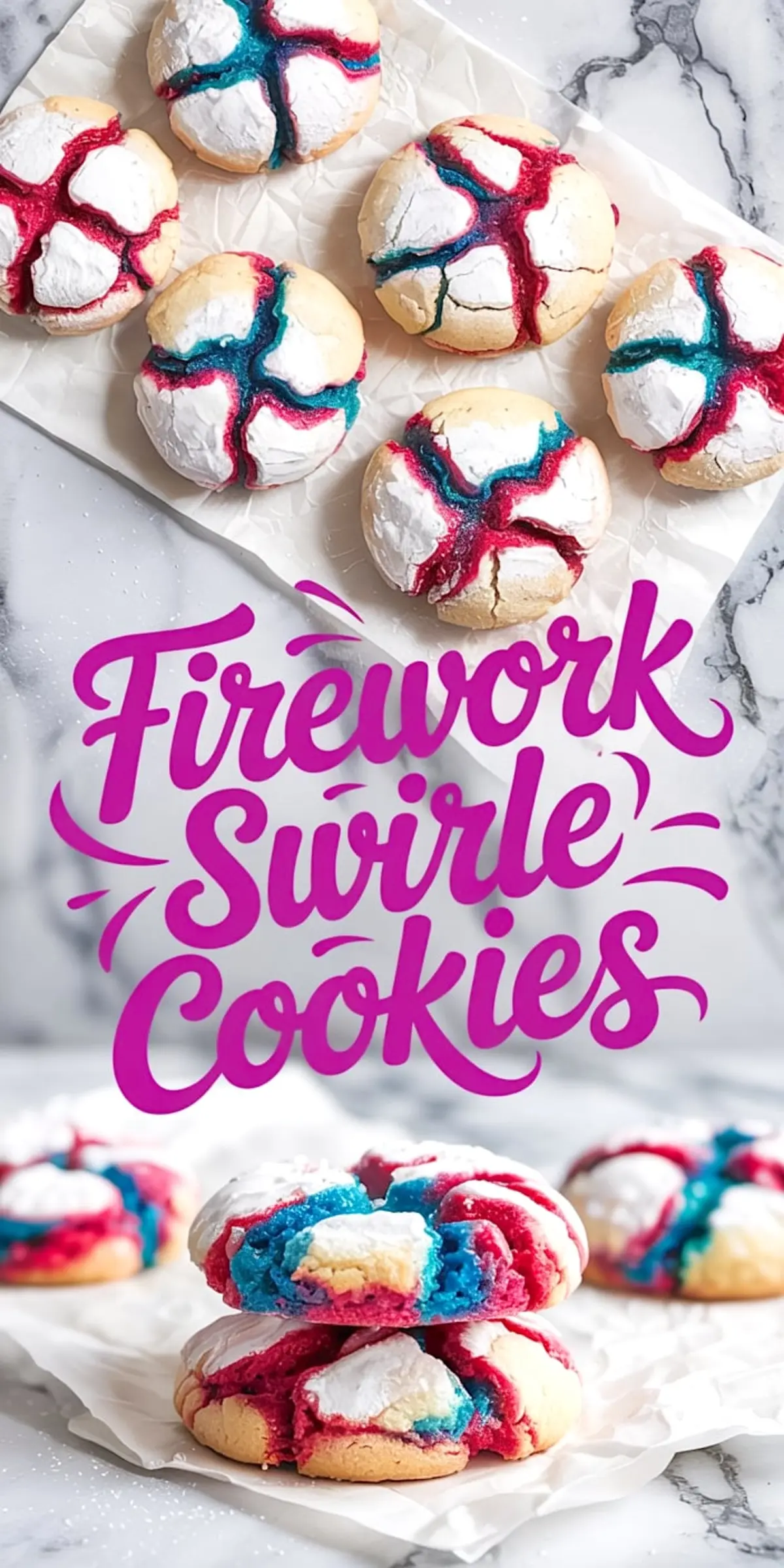 Collage showing top and side views of firework swirl crinkle cookies, featuring bold red and blue streaks over a powdered sugar coating and golden vanilla cookie base. Set on white parchment over marble for a clean, celebratory look.
