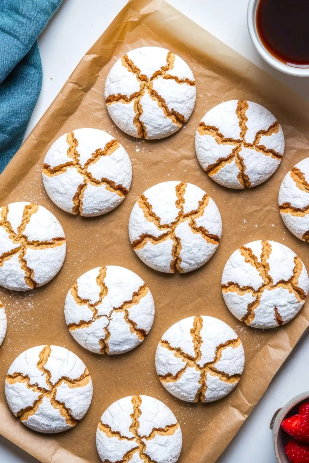 Flat lay of classic crinkle cookies with white powdered sugar tops and golden cracks radiating outward in a starburst pattern, arranged on brown parchment paper with a blue napkin and a cup of tea.
