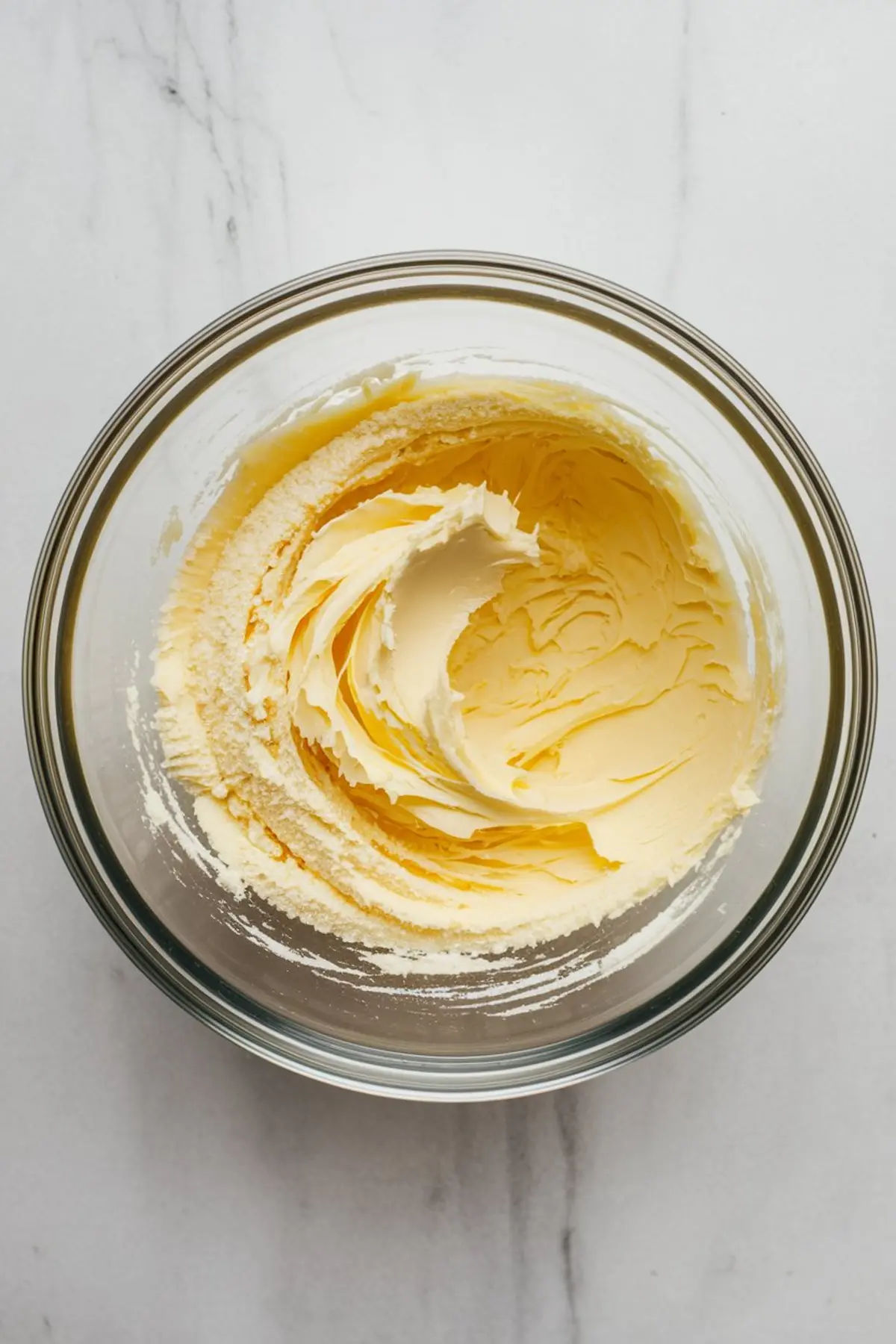 Overhead shot of a glass mixing bowl filled with creamed butter and sugar, swirled to a smooth and fluffy texture, on a white marble countertop.

