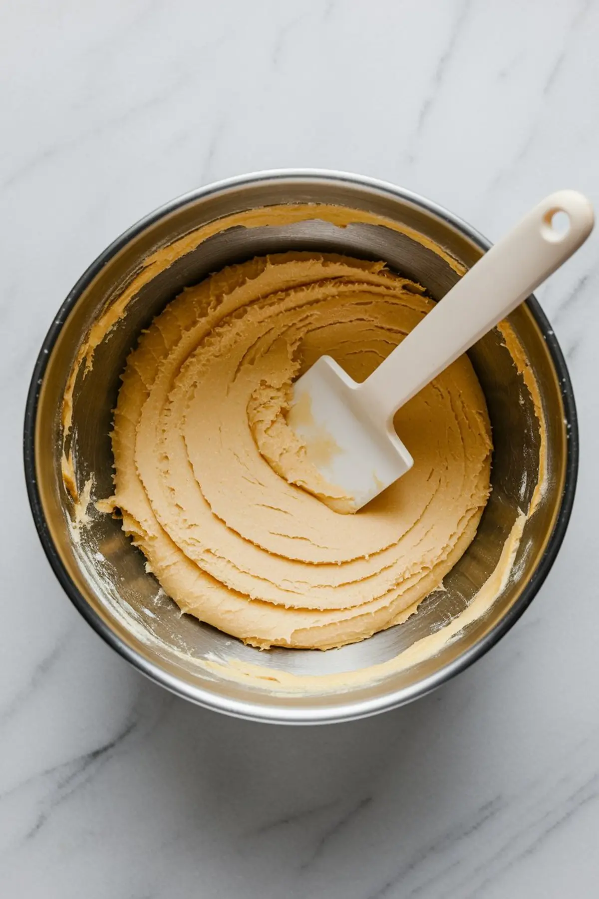 Overhead image of cookie dough mixed to a smooth consistency in a stainless steel bowl, with a white spatula resting on top. Dough is golden and ready for shaping or chilling.
