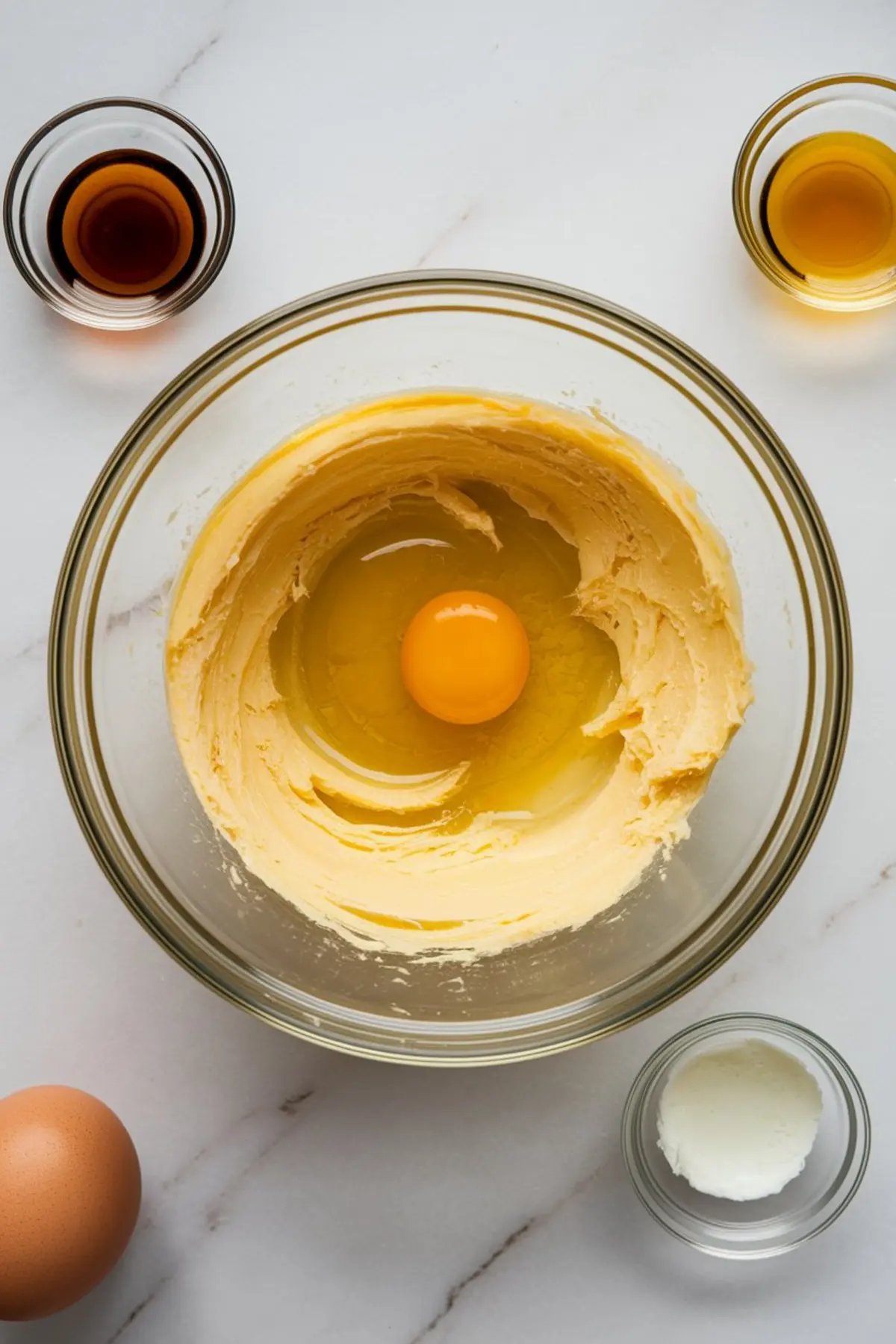 Glass bowl containing creamed butter and sugar with a raw egg added at the center, surrounded by small bowls of vanilla extract, apple cider vinegar, and cornstarch on a white marble surface.
