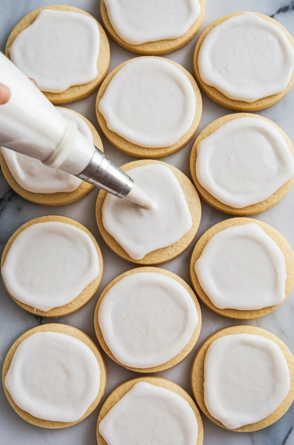 Round sugar cookies on a marble surface being iced with smooth white royal icing using a piping bag, showcasing cookie decorating process for holiday treats or baking tutorials.