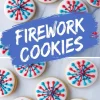A collage featuring red, white, and blue decorated firework cookies with bold icing designs and a text overlay reading “Firework Cookies,” set on a white marble background, ideal for patriotic dessert boards or July 4th party ideas.
