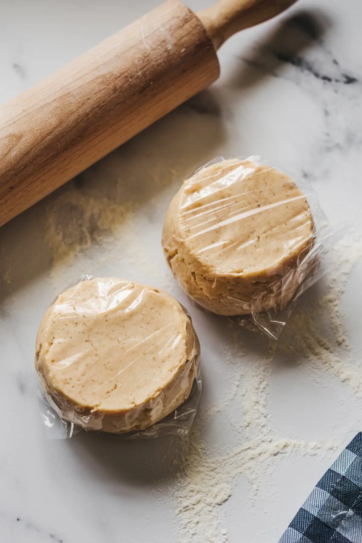 Two discs of wrapped sugar cookie dough resting on a floured marble countertop next to a wooden rolling pin, showing prepared dough ready for rolling and cutting.