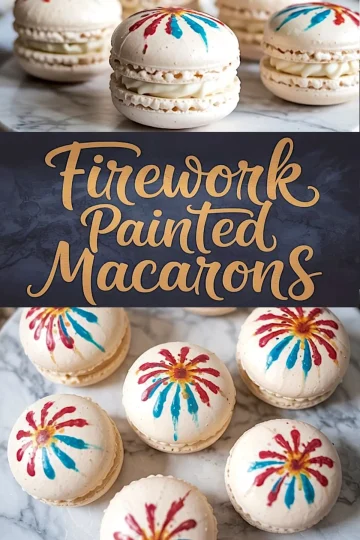 Macarons with firework-style painted tops in bold red and blue strokes, filled with vanilla buttercream and styled on a marble background for a patriotic or celebratory baking theme.