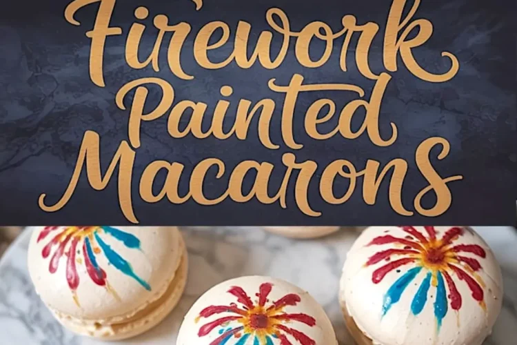 Macarons with firework-style painted tops in bold red and blue strokes, filled with vanilla buttercream and styled on a marble background for a patriotic or celebratory baking theme.