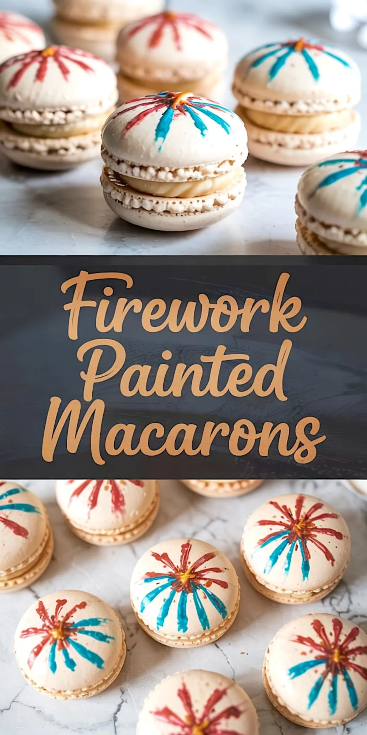 Vanilla macarons painted with red, blue, and yellow brush strokes in a firework design, placed on a marble surface and styled for holiday dessert ideas.
