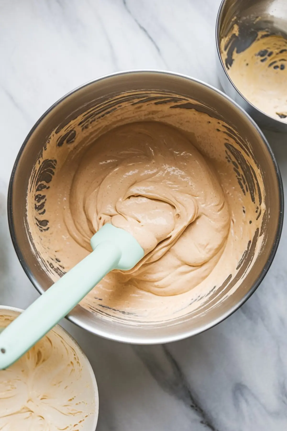 Thick macaron batter in a stainless steel mixing bowl with a mint green spatula, showing smooth texture ready for piping onto baking trays.
