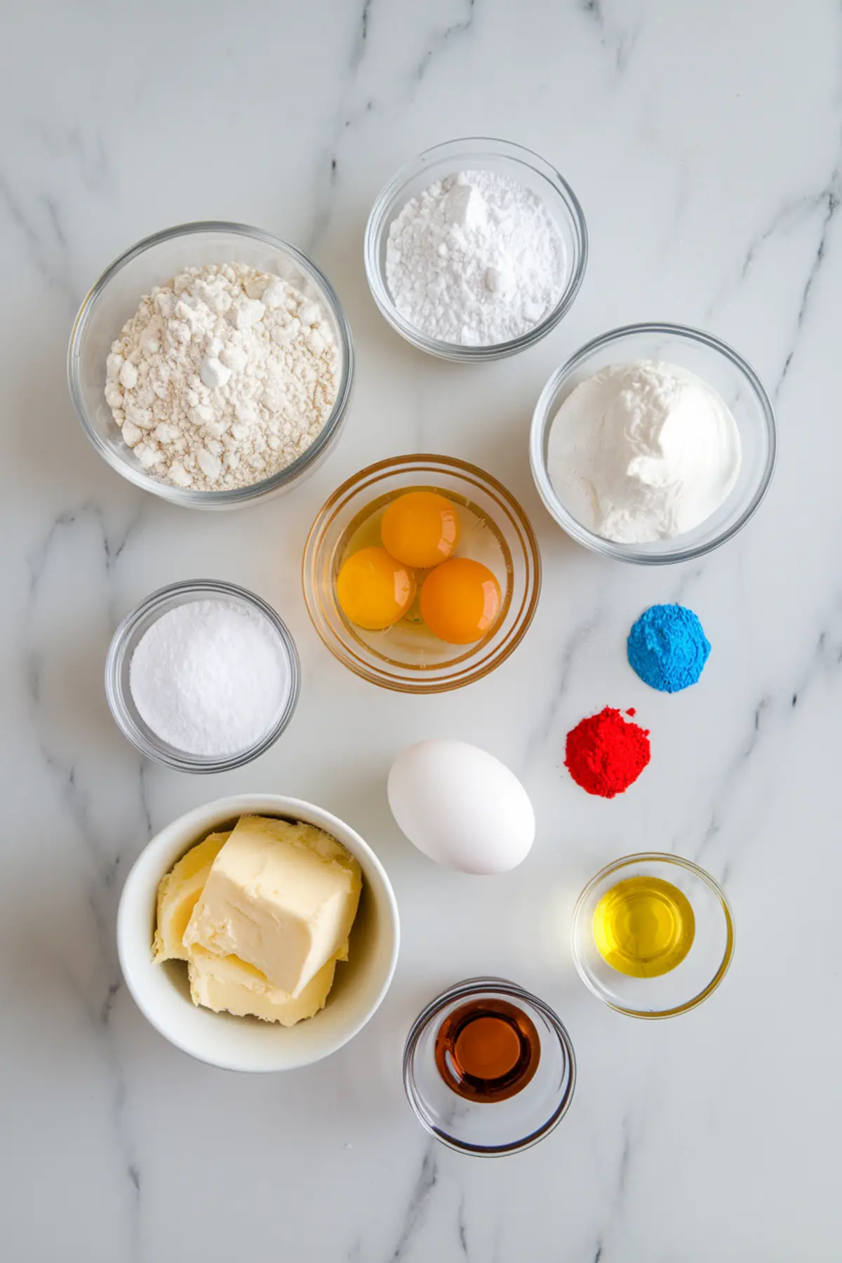 Flat lay of macaron ingredients on a marble countertop including butter, sugar, eggs, vanilla extract, powdered food coloring, flour, and powdered sugar, ideal for a baking prep visual.
