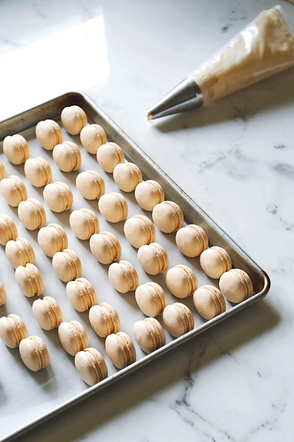 Baking tray lined with parchment holding rows of assembled macaron shells, next to a piping bag filled with cream, staged for a professional kitchen baking process.
