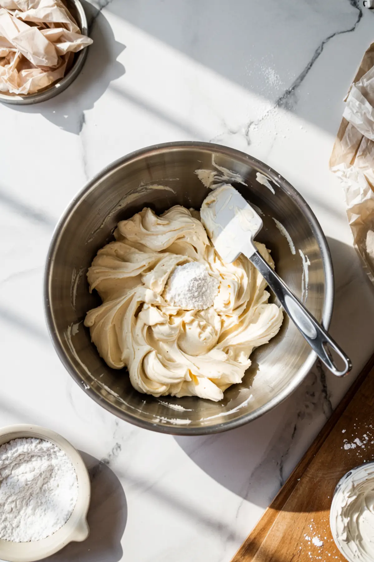 Metal mixing bowl with creamy whipped filling and powdered sugar being folded in with a white spatula. The setup is bathed in natural light, ideal for prepping patriotic desserts 4th of July.