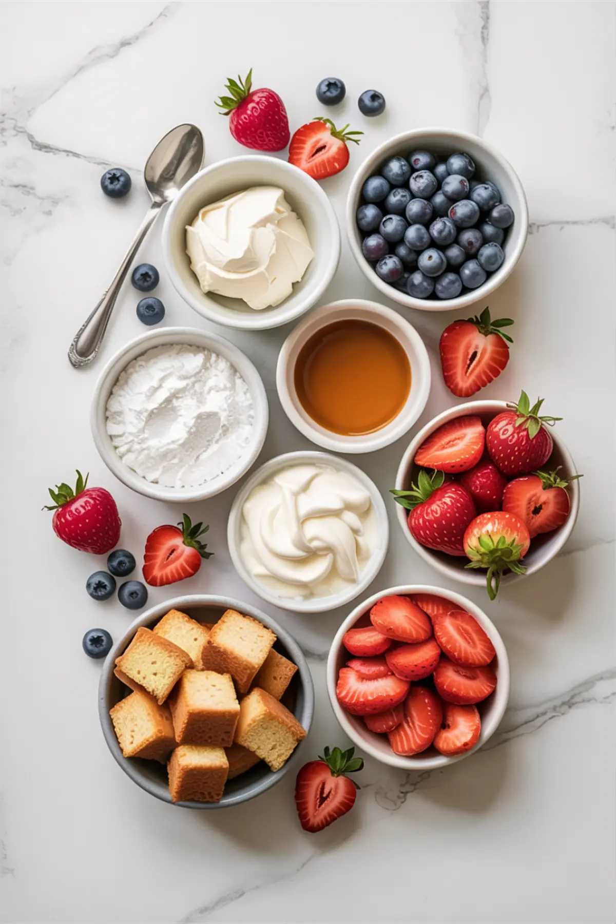 Flat lay of individual ingredients for a red white and blue trifle, including bowls of whipped cream, blueberries, strawberries, cubed pound cake, powdered sugar, vanilla extract, and yogurt on a marble surface. Fresh berries and a spoon are artfully arranged for a summer trifle desserts recipe.