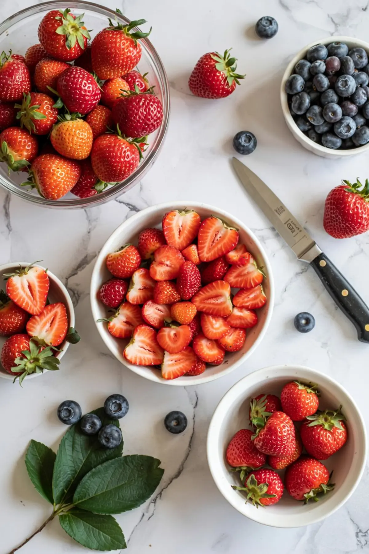 Bowl of halved strawberries surrounded by whole strawberries, blueberries, and a knife on a marble countertop. Fresh fruit prep scene for a Fourth of July trifle red white blue.