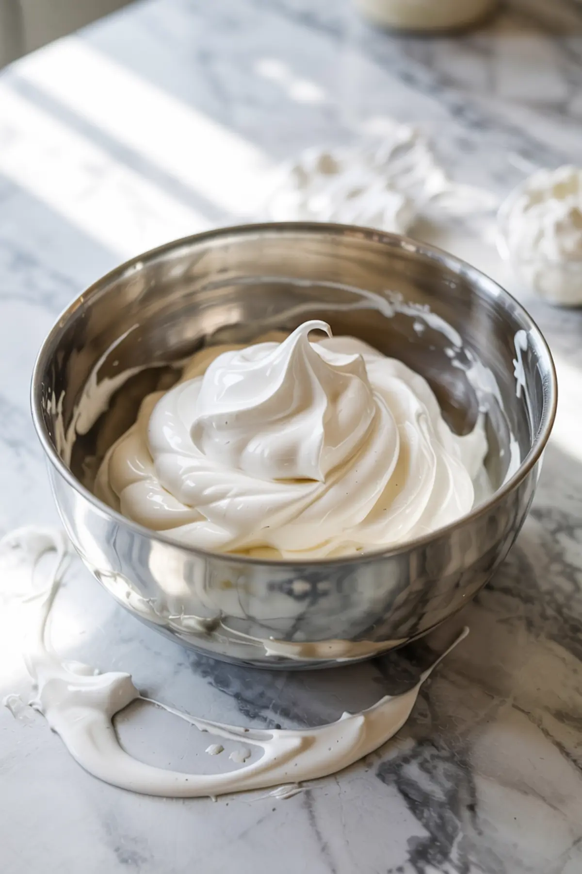 Patriotic trifle in glass cups layered with strawberries, blueberries, vanilla cream, and red gelatin, garnished with whole berries. A festive 4th of July dessert for a crowd served on a marble surface.