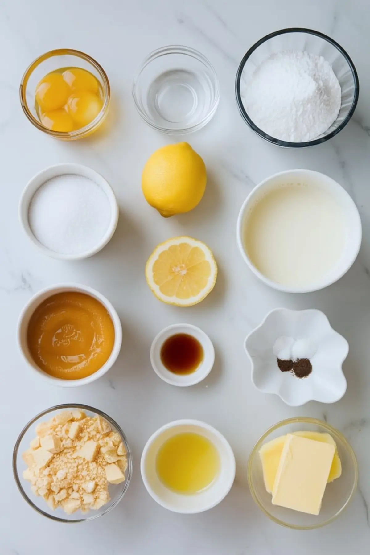 Overhead view of lemon soufflé ingredients arranged on a marble surface, including egg yolks, sugar, lemon curd, fresh lemons, cream, butter, vanilla, and cookie crumbs.
