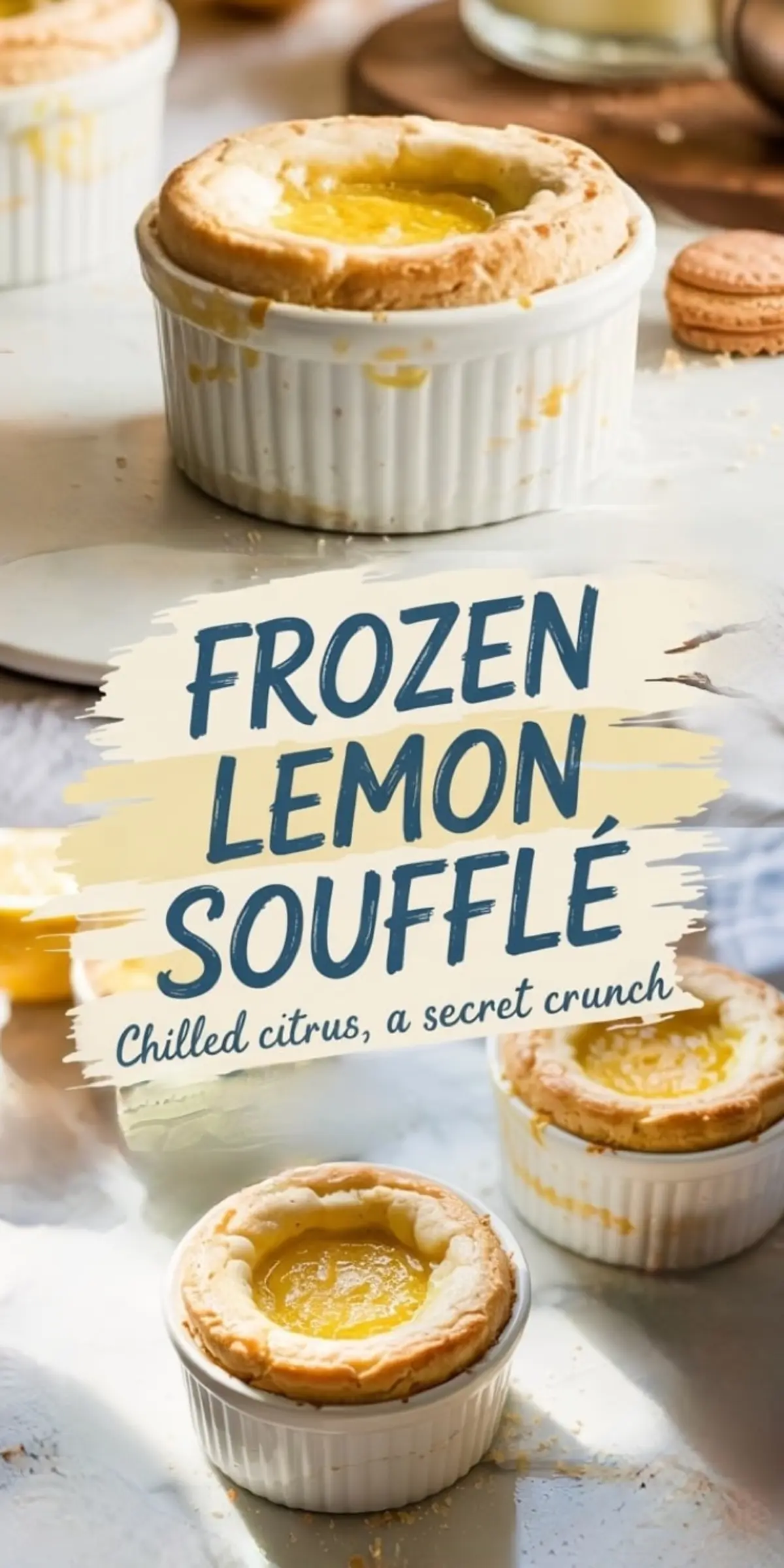 Frozen lemon soufflés with golden tops and glossy lemon centers, served in ramekins on a light table, styled with text overlay and warm afternoon lighting.
