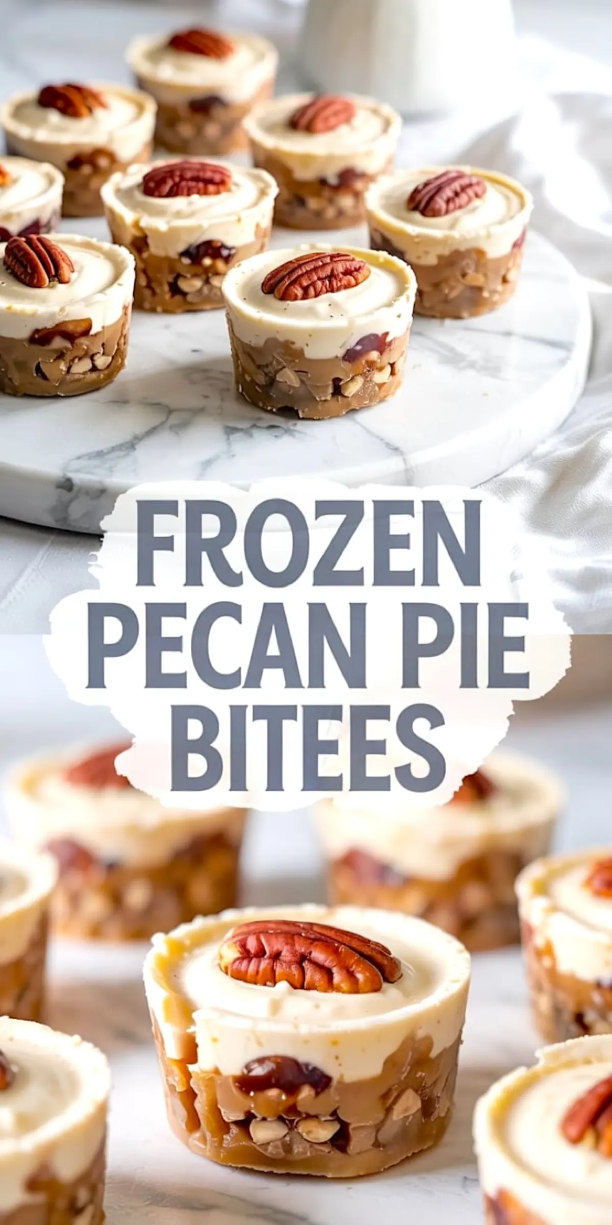 Frozen pecan pie bites with a visible nutty base, creamy top, and a pecan garnish, displayed on a round white platter with text overlay.