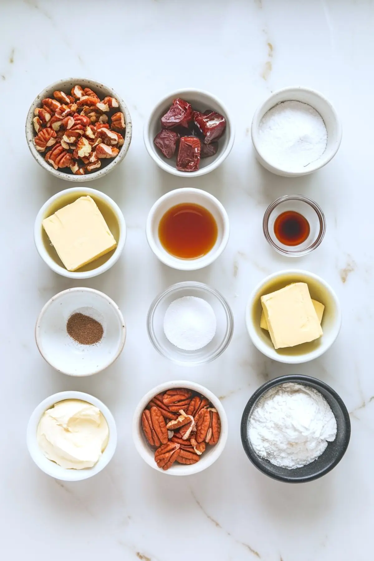 Flat lay of frozen pecan pie bite ingredients including chopped pecans, dates, butter, vanilla extract, sweetener, and spices on a white marble surface.