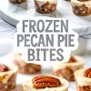 Mini frozen pecan pie bites arranged on a marble platter, each topped with a whole pecan, featuring a creamy top layer and a chewy pecan-date filling base.