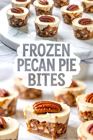 Mini frozen pecan pie bites arranged on a marble platter, each topped with a whole pecan, featuring a creamy top layer and a chewy pecan-date filling base.