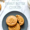Flat lay of a dark plate holding three keto peanut butter cookies on a parchment-lined marble surface, with “Keto Peanut Butter Cookies” text on the background.