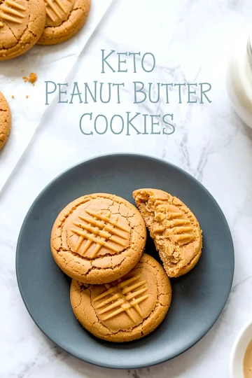 Flat lay of a dark plate holding three keto peanut butter cookies on a parchment-lined marble surface, with “Keto Peanut Butter Cookies” text on the background.