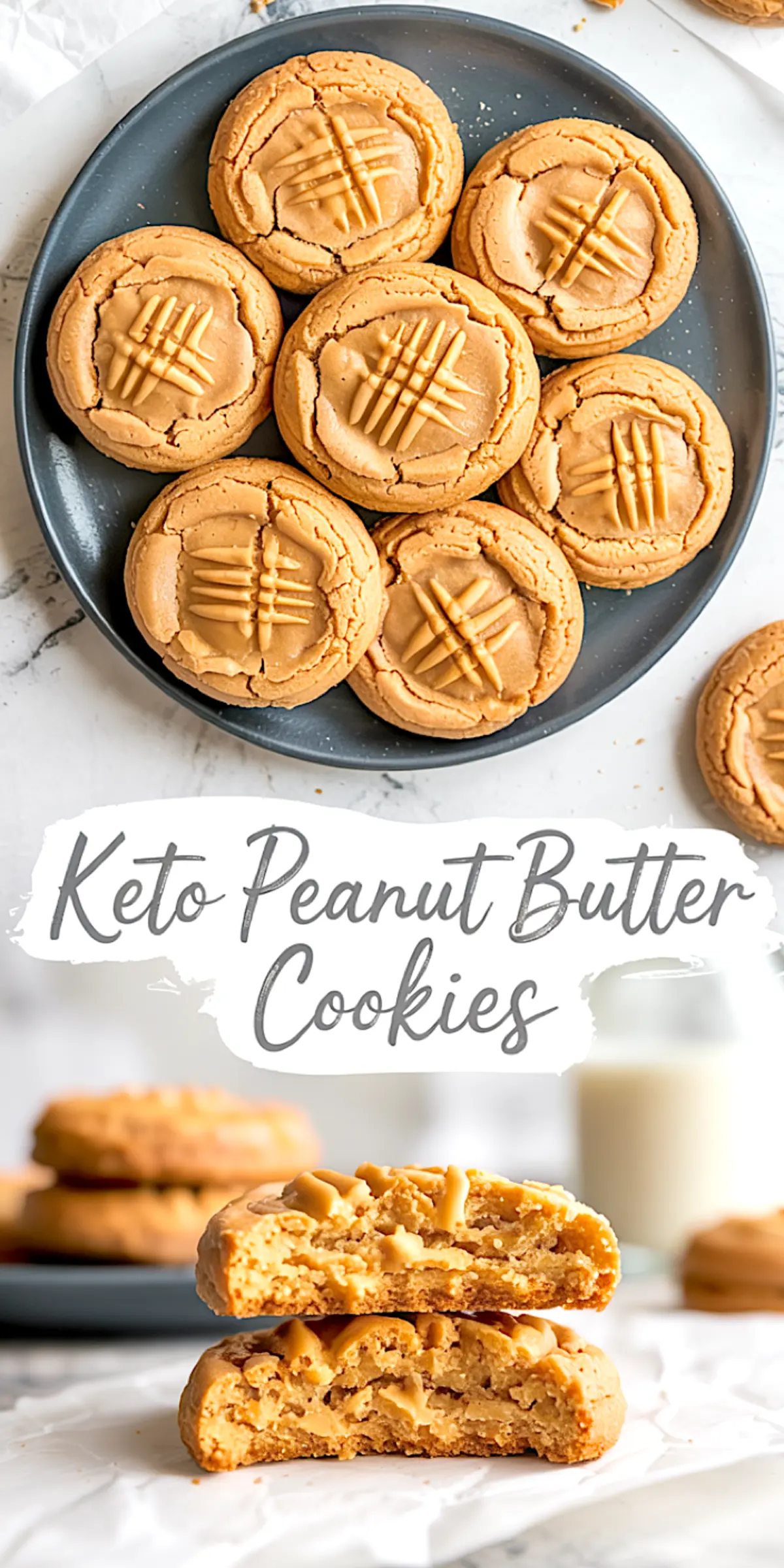 Vertical Pinterest collage featuring a top view of keto peanut butter cookies with crisscross patterns on a black plate and a bottom close-up of two stacked broken cookies showing the soft inside. Text overlay reads “Keto Peanut Butter Cookies.”
