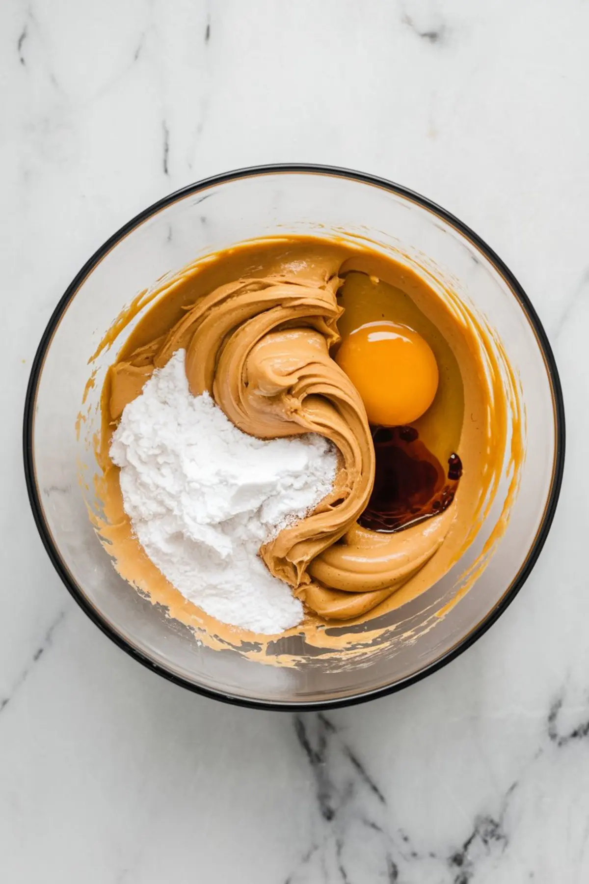 Glass mixing bowl filled with peanut butter, powdered sweetener, a raw egg, and vanilla extract on a white marble surface.