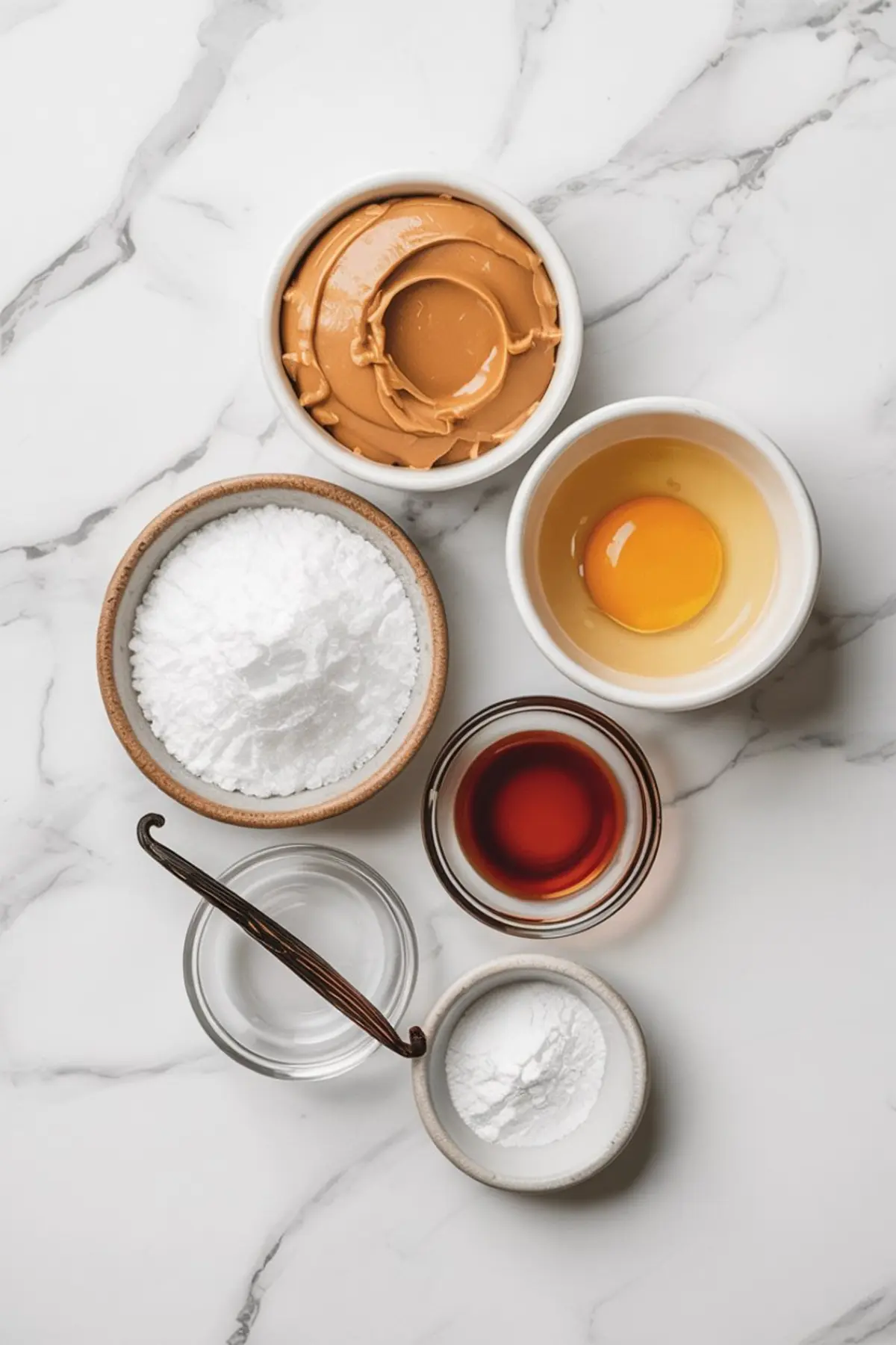 Flat lay of keto peanut butter cookie ingredients including peanut butter, an egg, powdered sweetener, vanilla extract, baking powder, and a vanilla bean on a marble background.