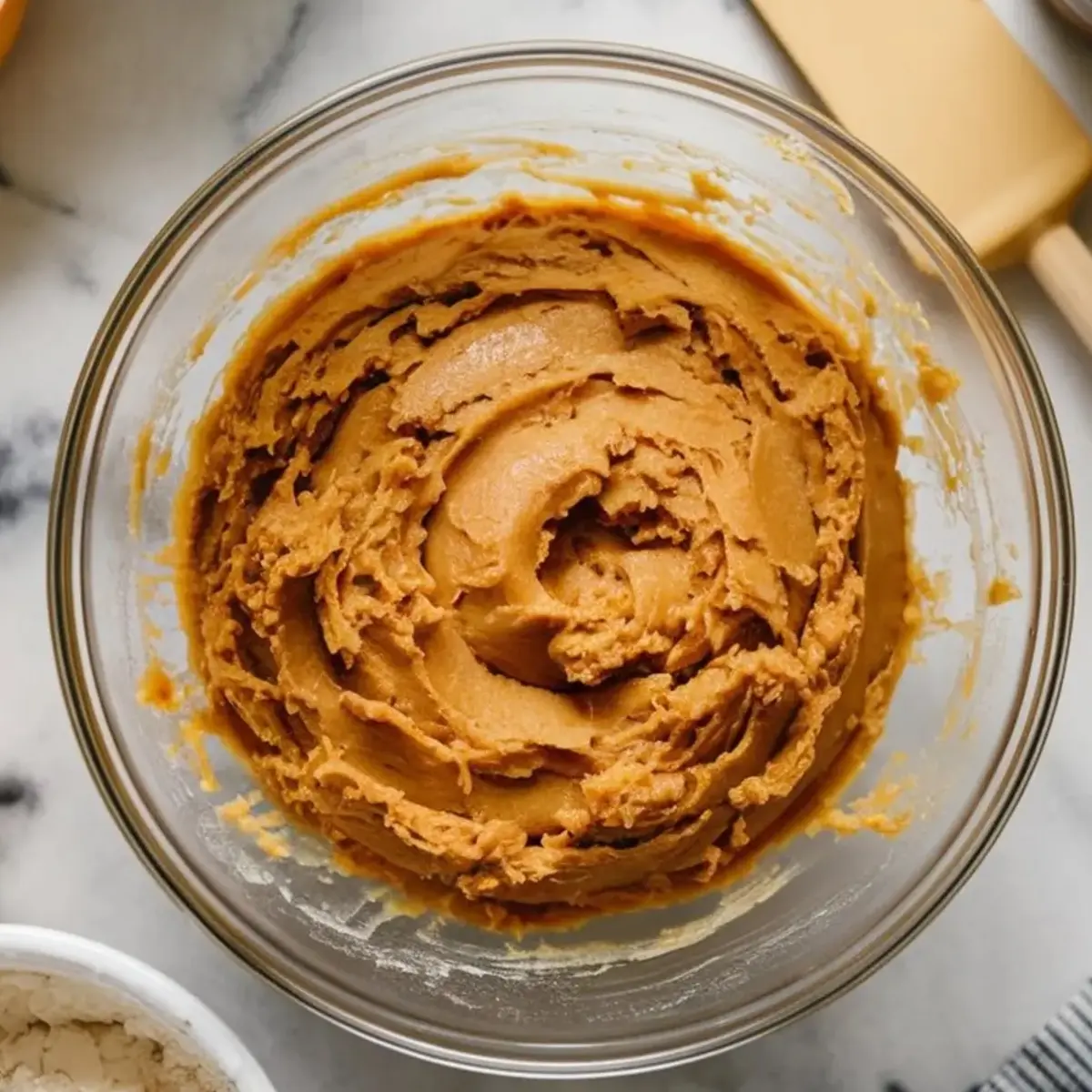 Thick peanut butter cookie dough swirled in a clear mixing bowl, ready for portioning on a marble countertop.