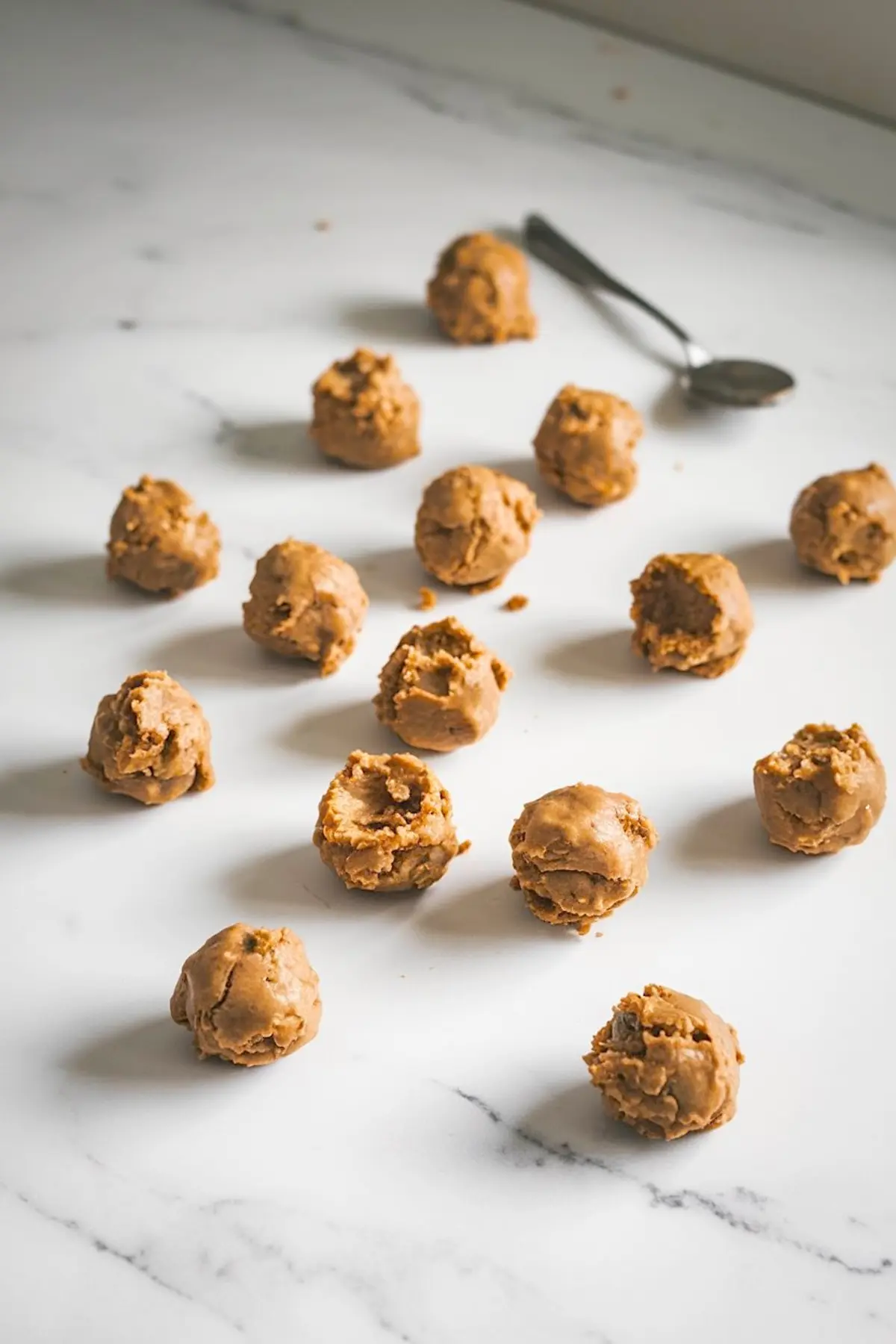 Scooped peanut butter cookie dough balls arranged on a white marble surface with a metal spoon in the background.