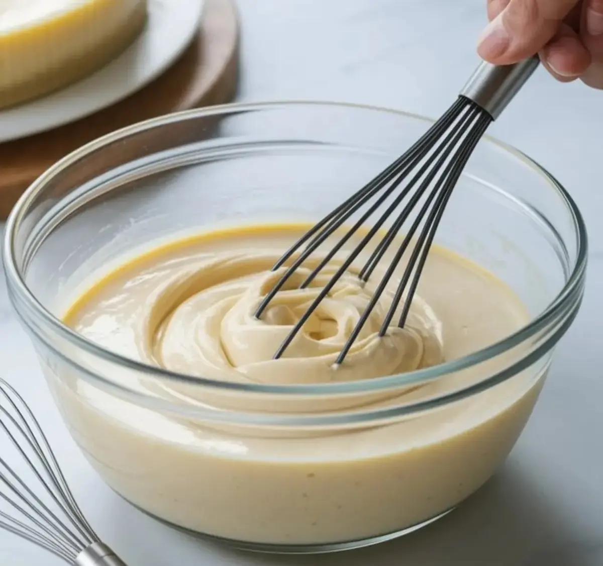 Whisking thick vanilla cake batter in a clear glass bowl using a stainless steel balloon whisk, creating smooth swirls on a light kitchen surface.