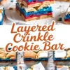 Collage featuring stacked red, white, and blue crinkle cookie bars with golden edges and cracked marshmallow tops, displayed on white parchment with text overlay “Layered Crinkle Cookie Bar.”