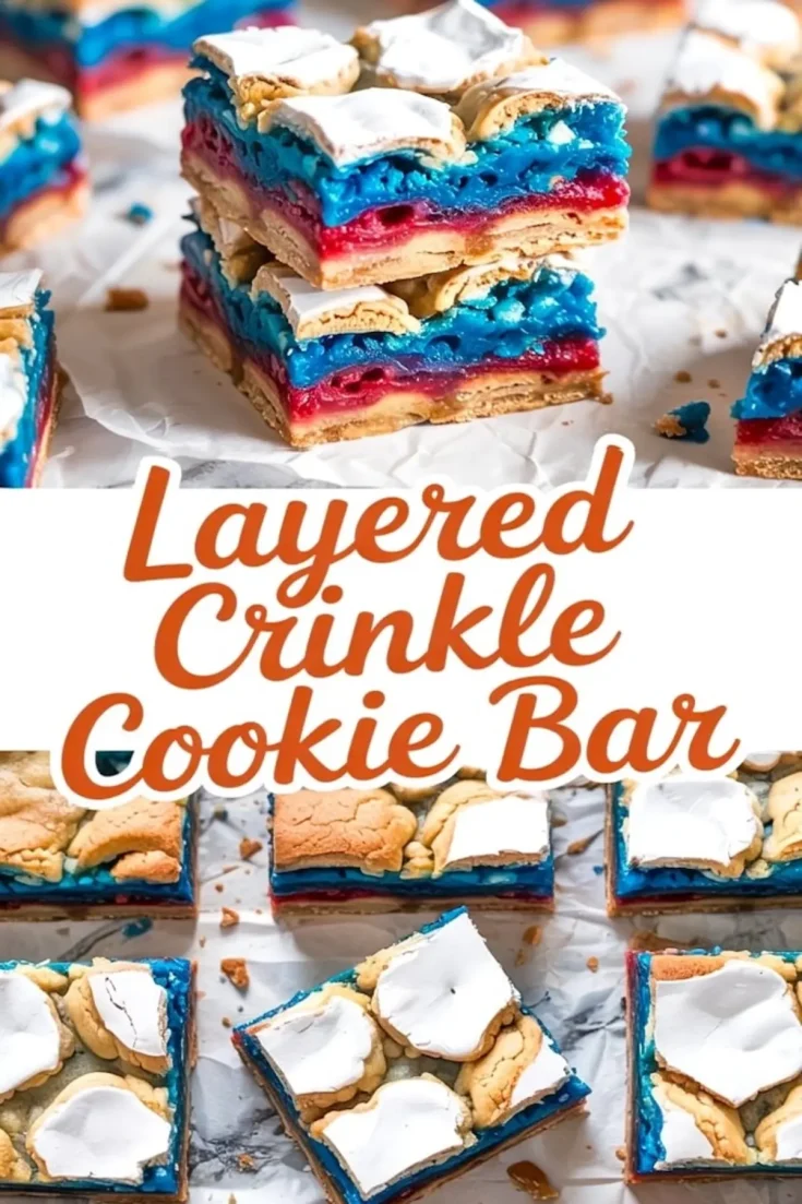 Collage featuring stacked red, white, and blue crinkle cookie bars with golden edges and cracked marshmallow tops, displayed on white parchment with text overlay “Layered Crinkle Cookie Bar.”