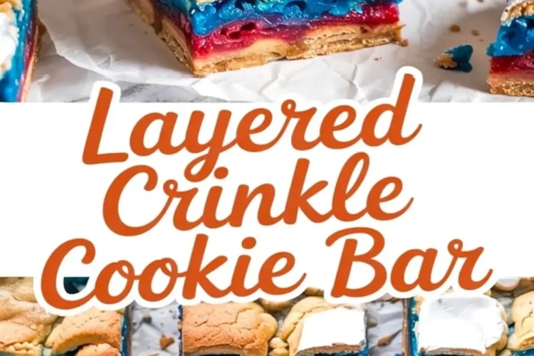 Collage featuring stacked red, white, and blue crinkle cookie bars with golden edges and cracked marshmallow tops, displayed on white parchment with text overlay “Layered Crinkle Cookie Bar.”