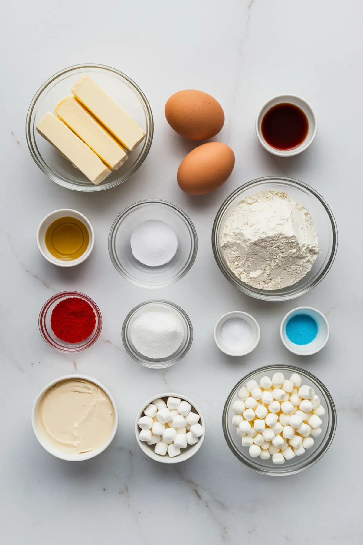 Overhead view of patriotic cookie bar ingredients on a white marble background, including butter sticks, eggs, flour, sugar, red and blue food coloring, marshmallows, and vanilla extract in glass and ceramic bowls.