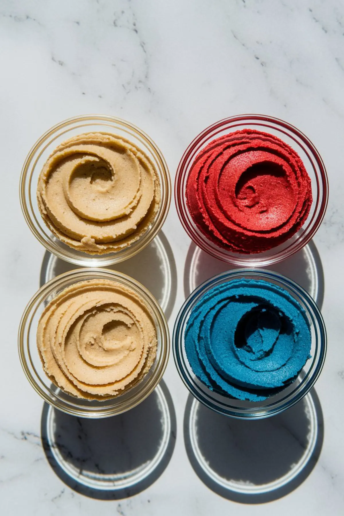 Overhead shot of four glass bowls filled with cookie dough, including natural beige, vibrant red, and deep blue hues, set on a white marble surface with dramatic shadows.