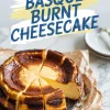 Burnt lemon Basque cheesecake sliced into wedges on parchment paper, featuring a golden cracked top with dark caramelized edges, placed on a marble background with bold text overlay.