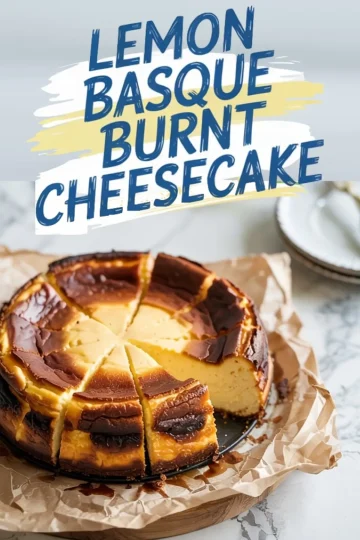 Burnt lemon Basque cheesecake sliced into wedges on parchment paper, featuring a golden cracked top with dark caramelized edges, placed on a marble background with bold text overlay.