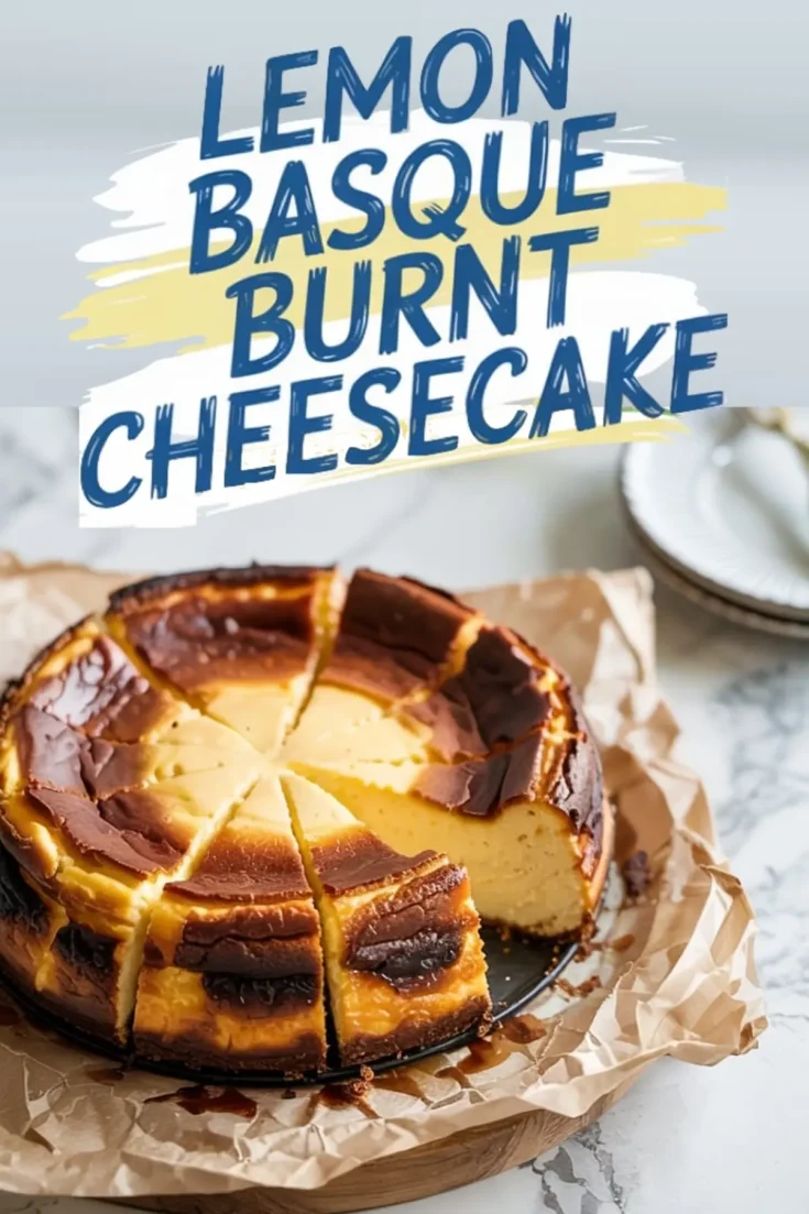 Burnt lemon Basque cheesecake sliced into wedges on parchment paper, featuring a golden cracked top with dark caramelized edges, placed on a marble background with bold text overlay.
