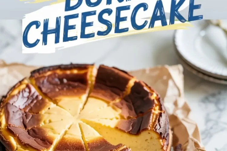 Burnt lemon Basque cheesecake sliced into wedges on parchment paper, featuring a golden cracked top with dark caramelized edges, placed on a marble background with bold text overlay.