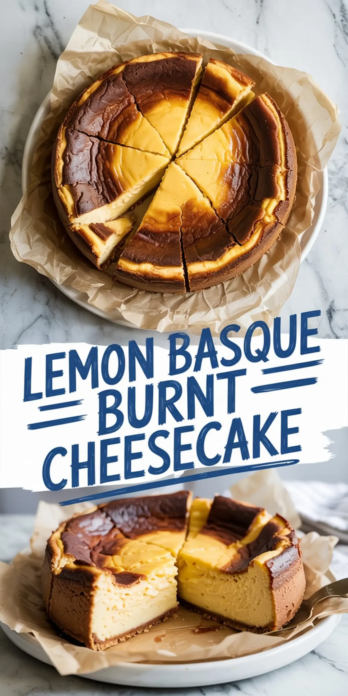 Two stacked images of lemon Basque burnt cheesecake: the top view shows clean wedges with a deeply browned top, while the bottom image reveals the creamy inside of a sliced cheesecake on parchment.