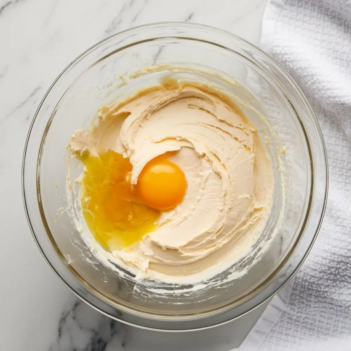 Top view of a glass mixing bowl with creamy cheesecake batter and a cracked egg on top, set on a white marble surface beside a textured kitchen towel.
