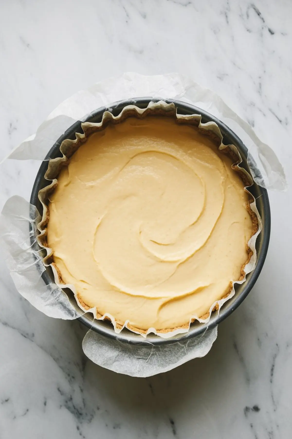 Unbaked lemon Basque cheesecake batter smoothed into a springform pan lined with parchment paper, ready for the oven and placed on a marble countertop.
