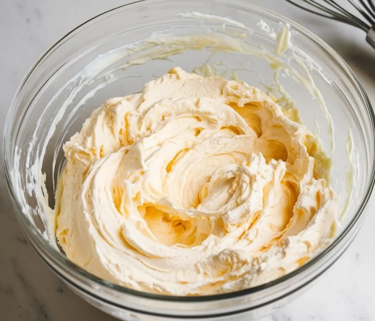 Close-up of whipped cream cheese batter in a glass mixing bowl with soft peaks and swirls, sitting on a white marble counter next to a metal whisk.
