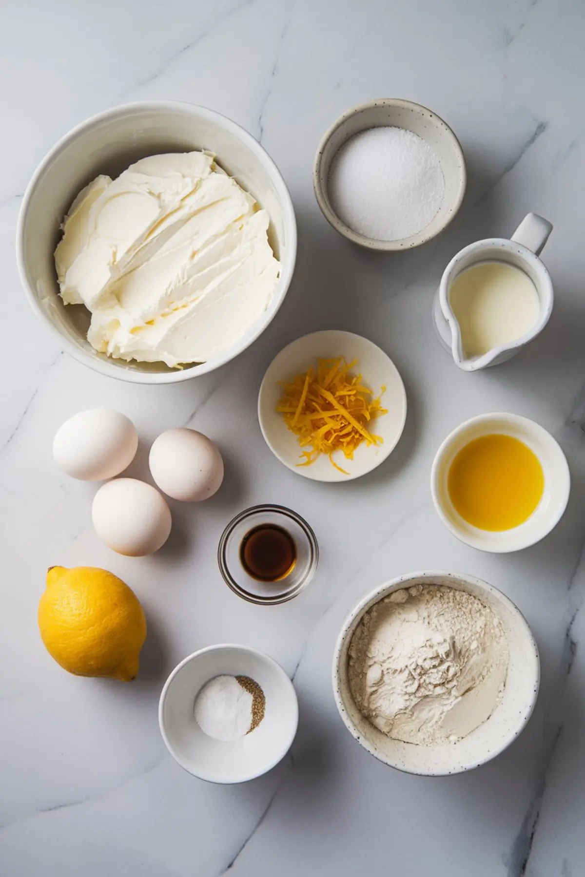 Flat lay of lemon Basque cheesecake ingredients including cream cheese, eggs, lemon, sugar, lemon zest, vanilla, flour, butter, cream, salt, and pepper on a light marble surface.
