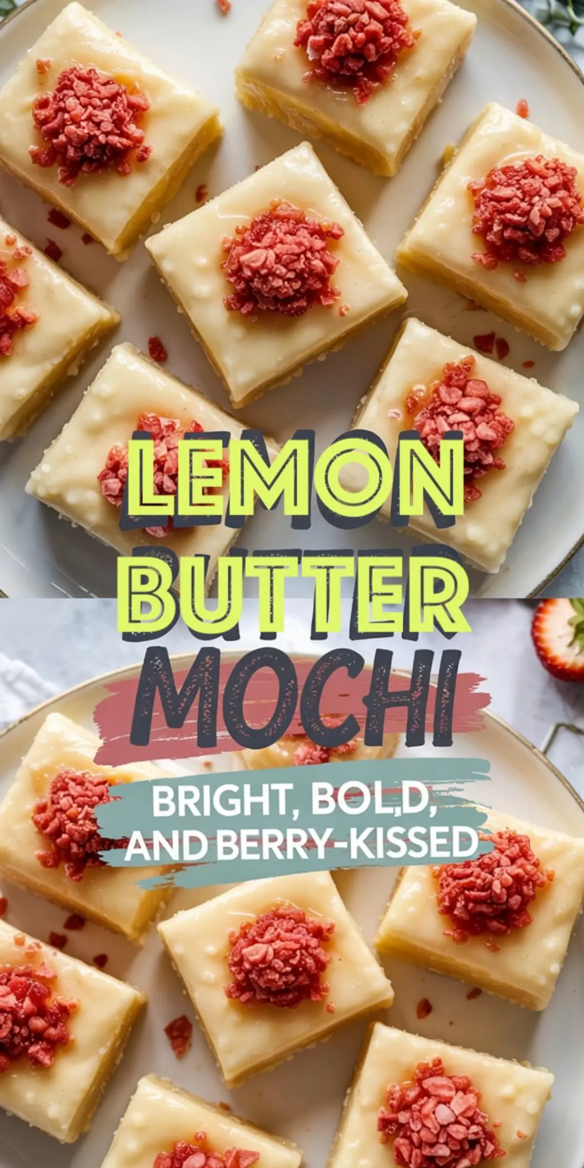 Overhead and side view collage of lemon butter mochi topped with crushed freeze-dried strawberries, showcasing glossy lemon glaze and dense, chewy texture on a white plate with bold text overlay.
