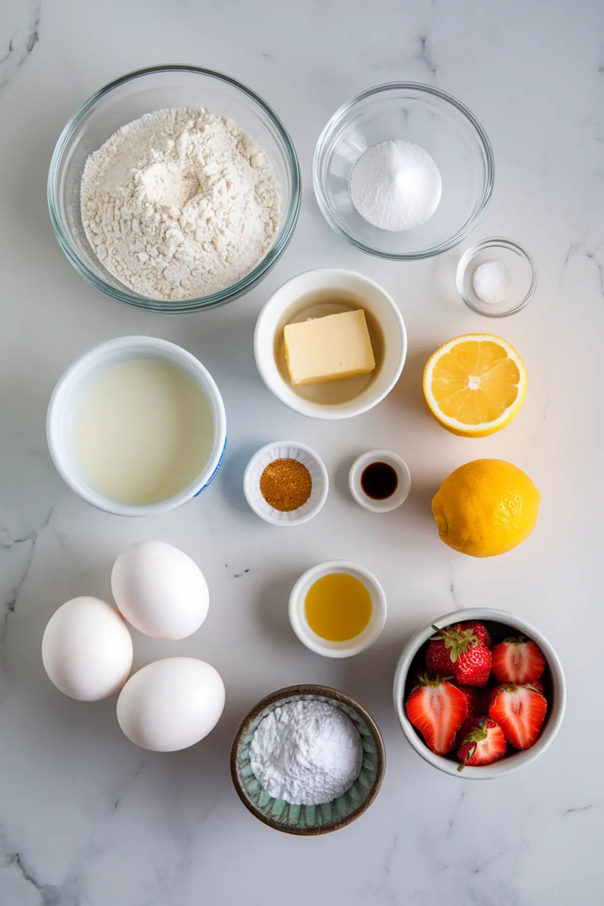 Flat lay of lemon butter mochi ingredients on a marble background, including flour, sugar, butter, eggs, milk, lemon, strawberries, baking powder, salt, vanilla, and glaze ingredients.
