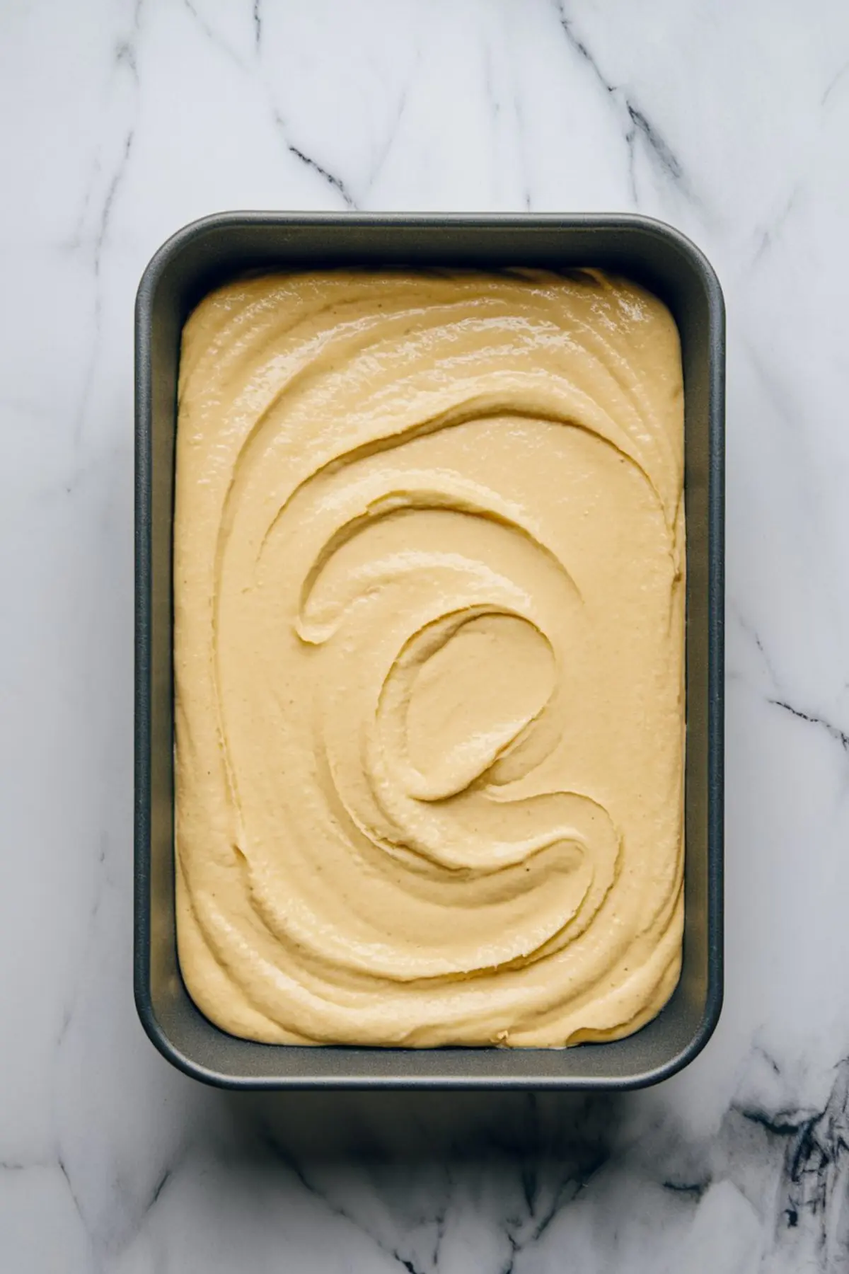 Unbaked lemon butter mochi batter spread evenly in a rectangular baking pan, with swirled surface texture, placed on a marble countertop.
