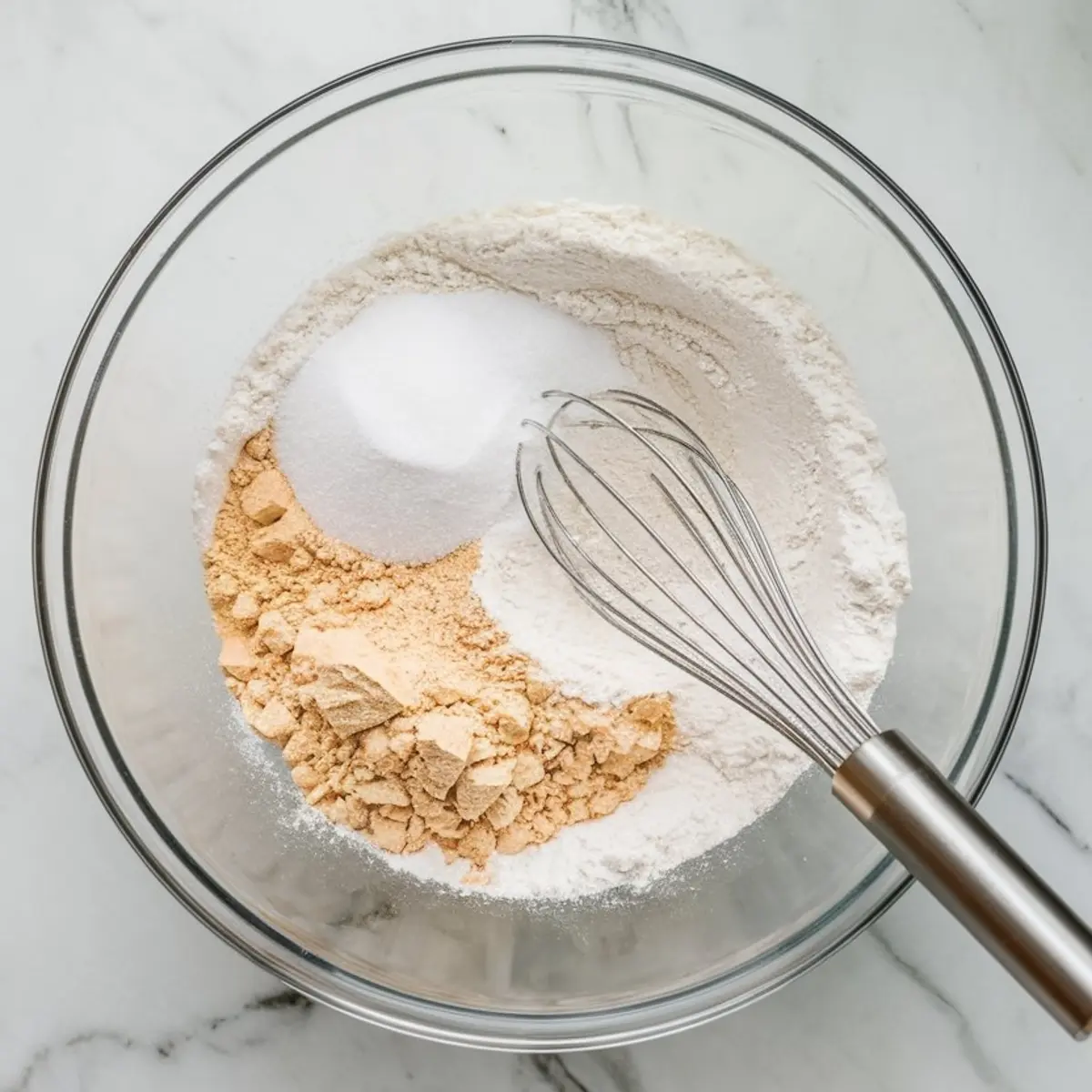 Glass bowl with dry ingredients for lemon butter mochi, including mochiko flour, white sugar, and kinako soybean flour, partially mixed with a metal whisk.
